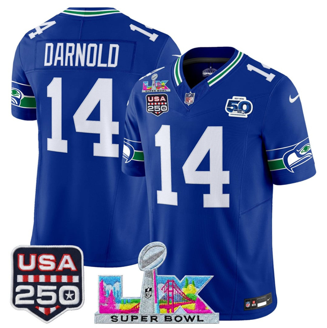 Men's Seattle Seahawks #14 Sam Darnold Royal 2025 F.U.S.E. Super Bowl LX Patch And 50th Season & USA 250' Patch Vapor Throwback Limited Stitched Football Jersey